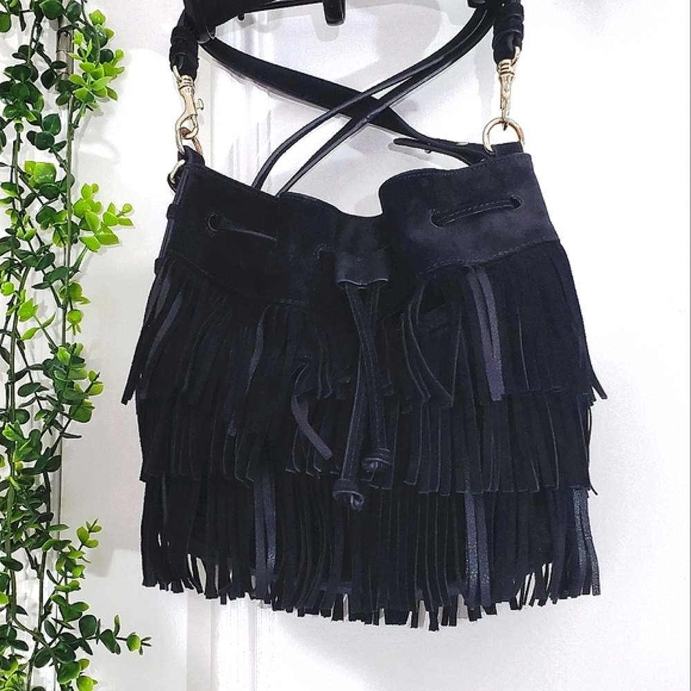 DANIER Vintage Premium Suede Leather Festival Fringe Crossbody Bucket Bag